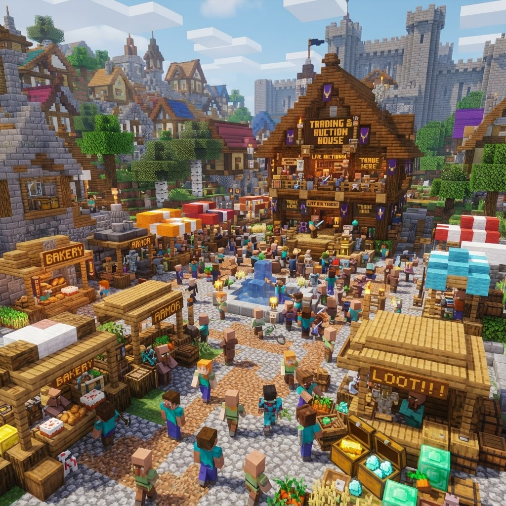 Marché Minecraft animé avec des étals et des coffres remplis d’objets