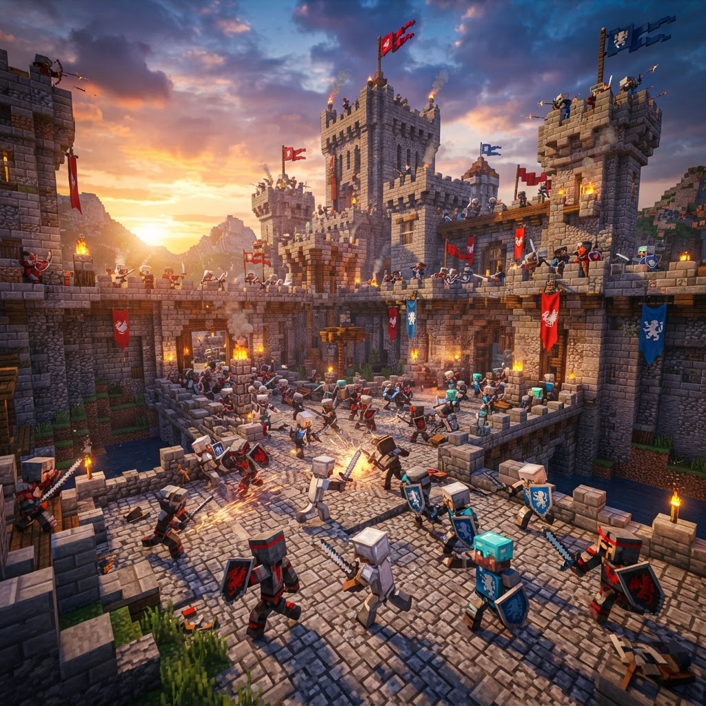 Bataille PvP entre deux factions dans un château Minecraft